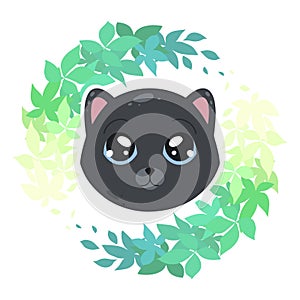 Childish illustration of a little lovely kitten in plant wreath on white background. Cute baby animal. Vector cartoon flat drawing