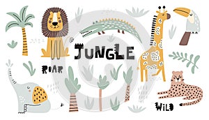 Childish jungle set with cute lion, crocodile, giraffe, elephant, leopard, toucan. Perfect for fabric, textile, nursery posters.