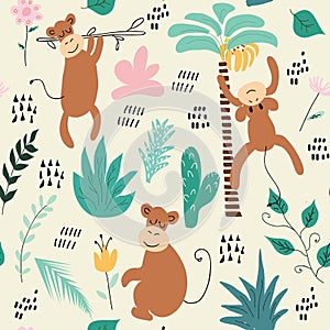 Childish jungle texture with monkeys and jungle elements. seamless pattern vector illustration