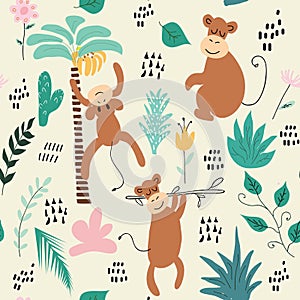 Childish jungle texture with monkeys and jungle elements. seamless pattern vector illustration