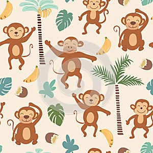 Childish jungle texture with monkeys and jungle elements. seamless pattern vector illustration