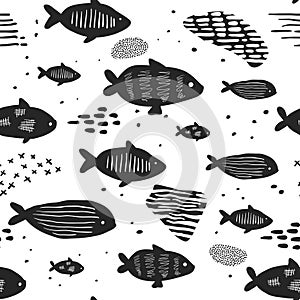 Childish Nautical Seamless Patterns with Cute Fish. Underwater Creatures Background for Fabric, Wallpaper Wrapping Paper