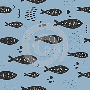 Childish Nautical Seamless Patterns with Cute Fish. Underwater Creatures Background for Fabric, Wallpaper Wrapping Paper