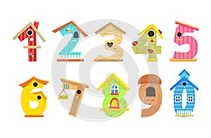 Childish numbers birdhouse design collection vector kids elementary counting learning mathematic