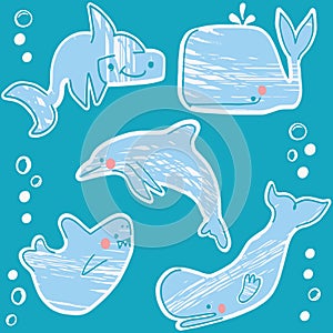 Childish  pattern with cute marine animals and fish. Creative texture for fabric and textile.