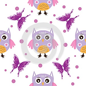 Childish patterns, with cute owls, butterflies, for fabrics, wrappings, textiles. vector photo