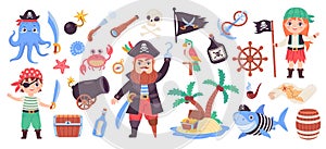 Childish pirate set. Cartoon cute kid pirates carnival costume, kid sailor captain character sea adventure island