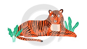 Childish portrait of relaxed tiger in scandinavian simple style. Cute tigress lying in jungle nature. Lazy wild animal