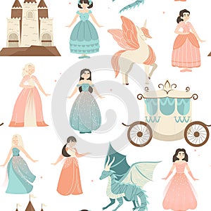 Childish princess pattern. Cute fairy tale seamless print with princess castle, carriage, unicorn, crown and magic wand