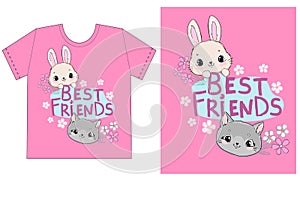 Childish print design for t-shirt cute cat and rabbit with chamomile flowers with handwritten phrase best friends on a pink