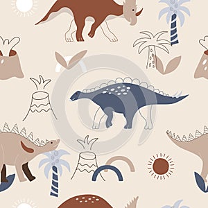 Childish print with hand drawn dinosaur Wuerhosaurus, Kentrosaurus, and Xenoceratops.