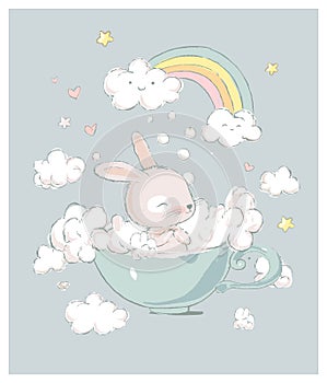 Childish rabbit in huge cup surrounded by fluffy clouds at sky with rainbow vector flat illustration