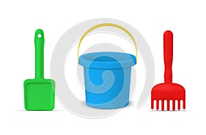 Childish sandbox toys collection realistic vector illustration blue baby bucket, shovel and rake