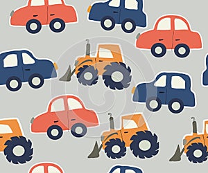 Childish seamles pattern with cars and tractors.vector illustration