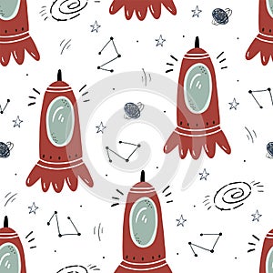 Childish seamless pattern with aliens, ufo in cosmos. Perfect for kids apparel,fabric, textile, nursery decoration,wrapping paper photo