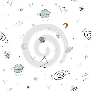 Childish seamless pattern with aliens, ufo in cosmos. Perfect for kids apparel,fabric, textile, nursery decoration,wrapping paper photo