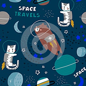 Childish seamless pattern with bear and cat in cosmos. Trendy scandinavian vector background. Perfect for kids apparel,fabric, photo