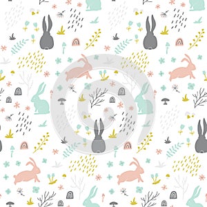 Childish seamless pattern with bunny. photo