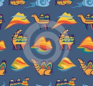 Childish seamless pattern with camels, desert and hills in the evening