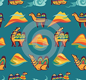 Childish seamless pattern with camels, desert and hills isolated on green blue colours