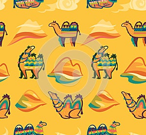 Childish seamless pattern with camels, desert and hills isolated on green blue colours
