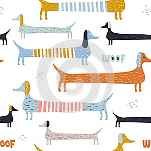 Childish seamless pattern with colorful dachshunds . Trendy scandinavian vector background. Perfect for kids apparel,fabric, photo