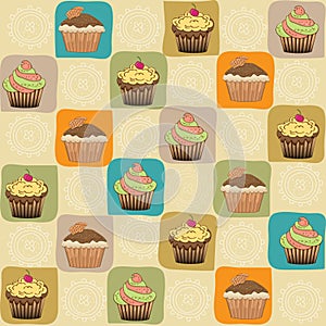 Childish seamless pattern with cupcakes photo