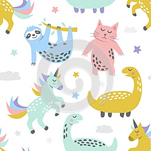 Childish seamless pattern with cute cat sloth unicorn and dinosaur. Creative texture for fabric, textile