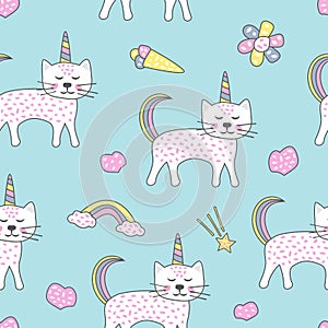 Childish seamless pattern with cute cats unicorn. Creative texture for fabric