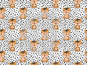Childish seamless pattern of cute characters tiger cubs in yoga asanas, easy Sukhasana pose, and Kukkutasana rooster pose, `OM` le