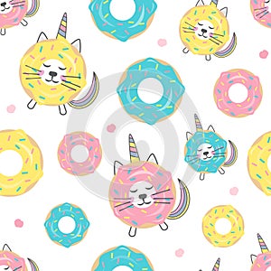Childish seamless pattern with cute donut cat unicorn. Creative texture for textile, wallpaper, fabric