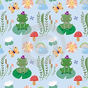 Childish seamless pattern with cute elements, frog, butterfly and waterlilies photo