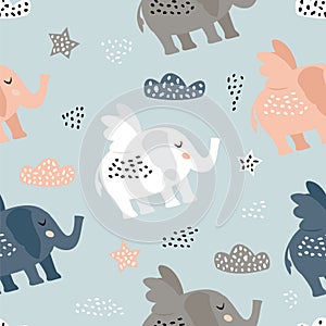 Childish seamless pattern with cute elephant . Creative texture for fabric and textile