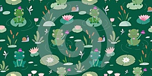 Childish seamless pattern with cute frogs and waterlilies on lake photo