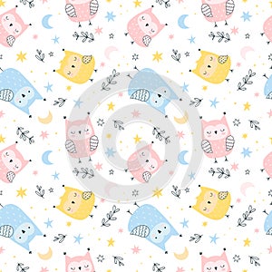 Childish seamless pattern with cute owls, stars, moon and decorative leaves.