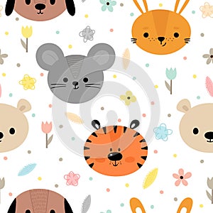 Childish seamless pattern with cute smiley animals. Creative baby texture for fabric, nursery, textile, clothes. Floral background