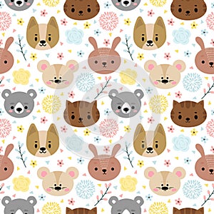 Childish seamless pattern with cute smiley animals. Creative baby texture for nursery, fabric, textile, clothes. Floral background