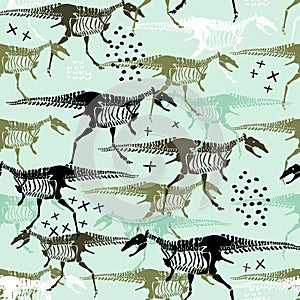 Childish seamless pattern with dinosaurs skeletons and bones. Trendy scandinavian vector background. Perfect for kids apparel, photo