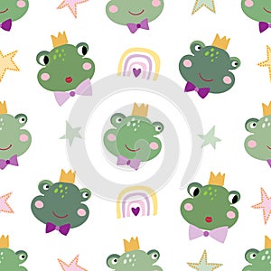 Childish seamless pattern with frog heads and rainbows