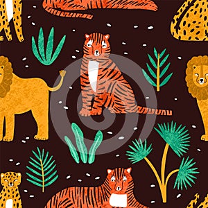 Childish seamless pattern with funny lions, tigers, leopards and leaves of tropical plants on dark background. Backdrop