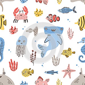 Childish seamless pattern with funny sea and ocean dwellers or marine animals on white background. Colorful vector