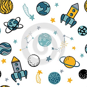 Childish seamless pattern hand drawn space elements space, rocket, star, planet, space probe. Trendy kids vector illustration for photo