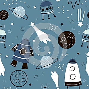 Childish seamless pattern with hand drawn space elements space, rocket, star, planet, space probe. Trendy kids vector background