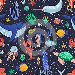 Childish seamless pattern with happy marine animals or funny underwater creatures living in sea. Ocean fauna on black