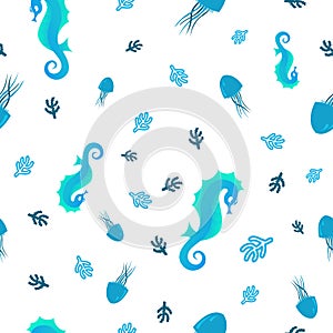 Childish seamless pattern with jellyfish, seahorse and water plants. Vector pattern for apparel, nursery, textile, fabric,