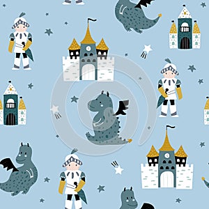 Childish seamless pattern with knight, dragon and castle in scandinavian style. Creative childish background for fabric,