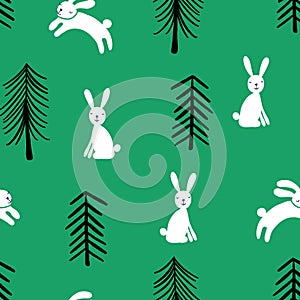 Childish seamless pattern with rabbit in the forest . Vector bunny trees background for children. Scandinavian style. Vector