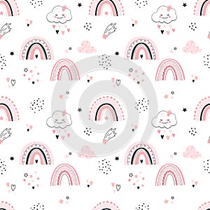 Childish seamless pattern with rainbow and clouds