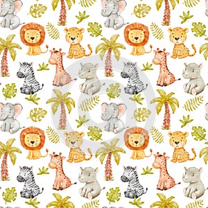 Childish seamless pattern with safari animals and palm tree. Cute elephant, cheetah and giraffe in cartoon style.