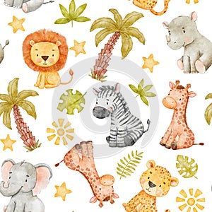 Childish seamless pattern with safari animals and palm tree. Watercolor african baby wild animals on white background.